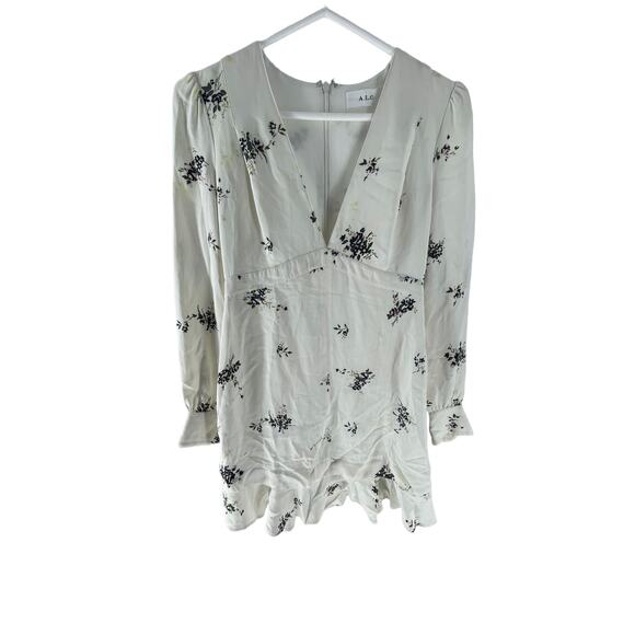 A.L.C. Black White Floral Long Sleeve V-Neck Flounce Mini Dress Women's Size 0 - Picture 3 of 10